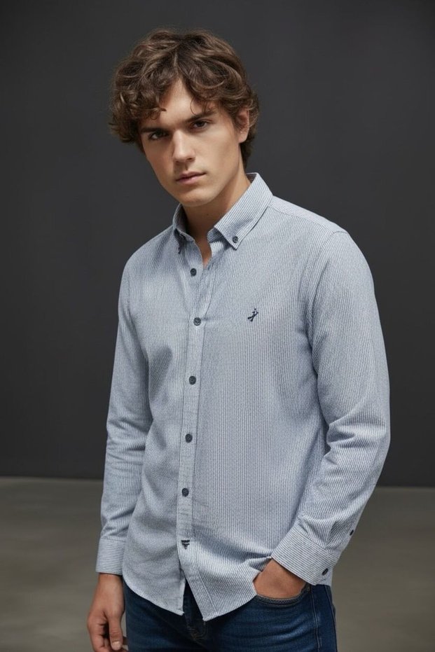 İnterview Goias Button-Down Collar Pinstripes Cotton Linen Dark Blue Shirt