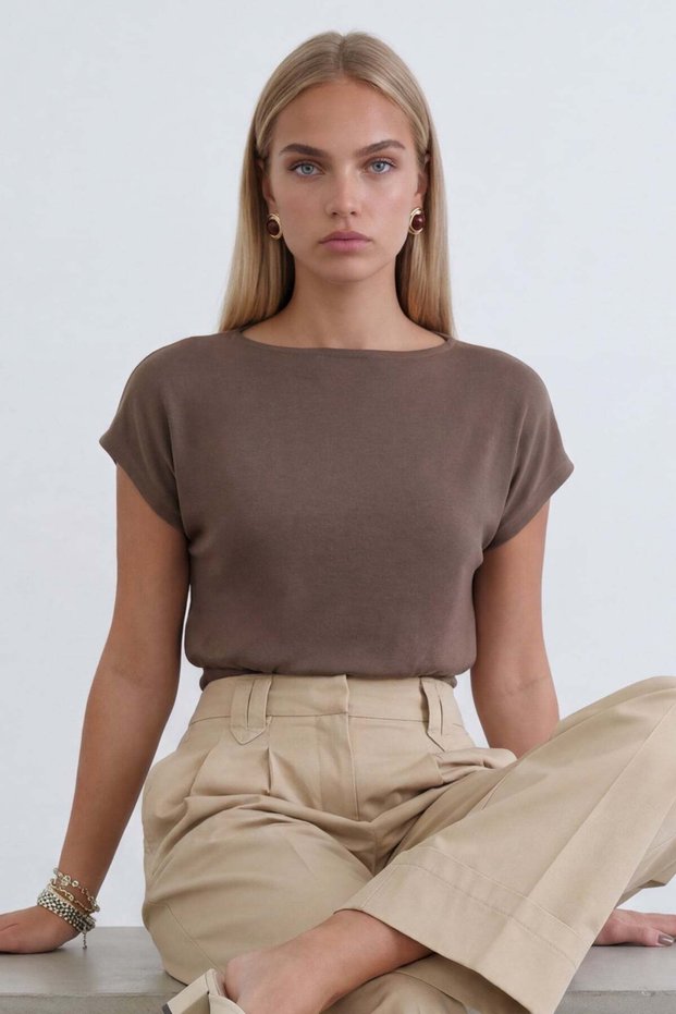 Brown Crew Neck Blouse with Corseted Waist Alc-X15474