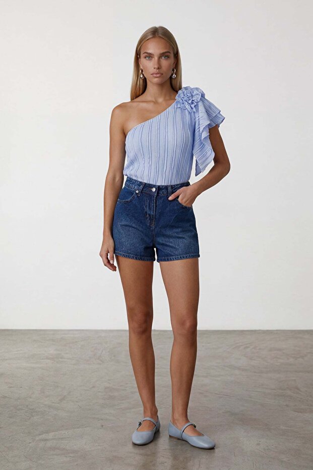 Blue One-Shoulder Detailed Blouse Alc-X12191