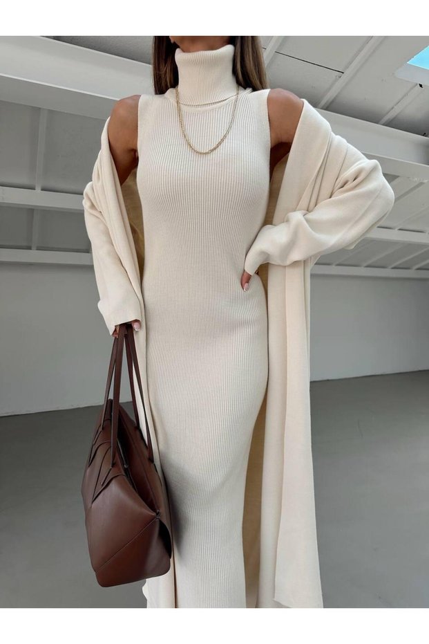Fishnecklace Detailed Fishnecklace Dress with Cut-Outs - Long Shawl Collar Cardigan 130 cm Wrist Length
