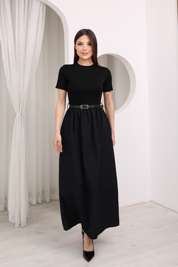 Women's Short Sleeve Belted Black Dress