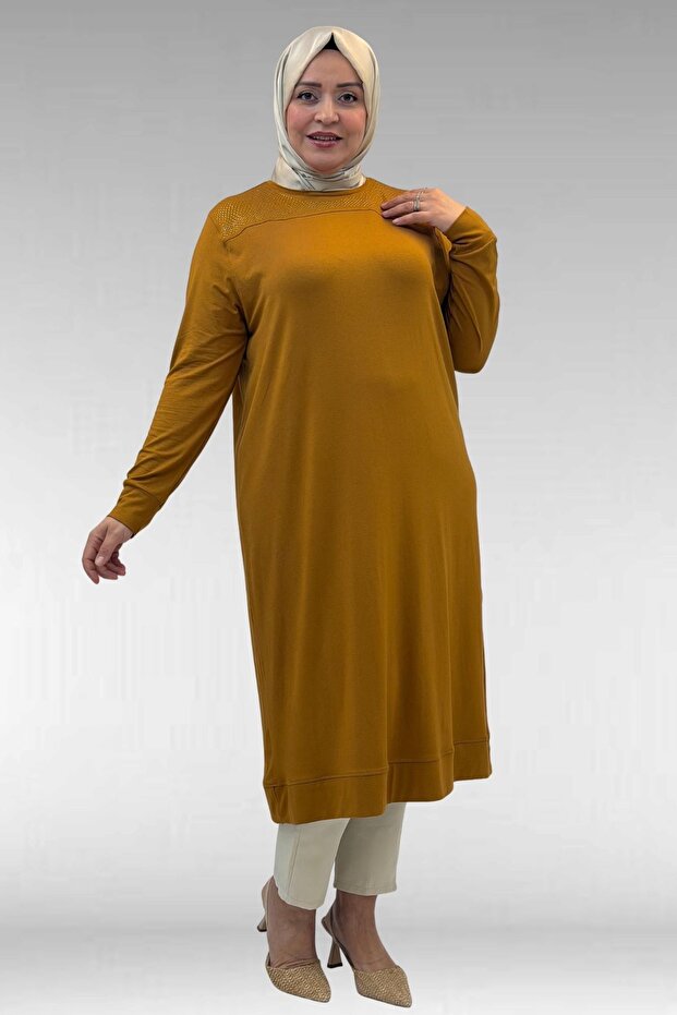68036 Plus Size Combed Cotton Tunic with Stone Detail on the Front - Mustard