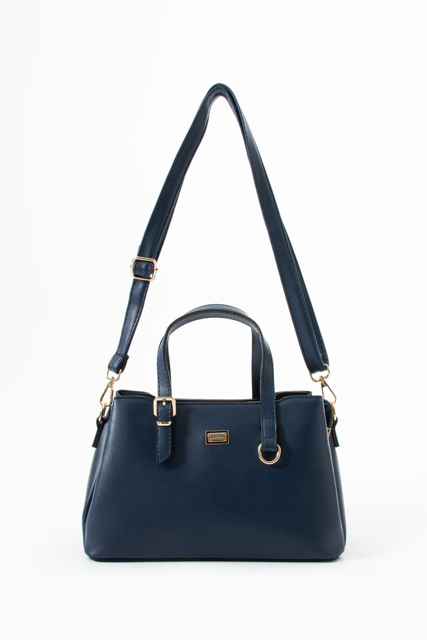 Navy Blue Women's Faux Leather Hand and Shoulder Bag with Gold Buckle