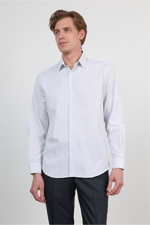 White-Blue Hard Collar Long Sleeve Pocketless Slim Fit Cotton Shirt 1004260210