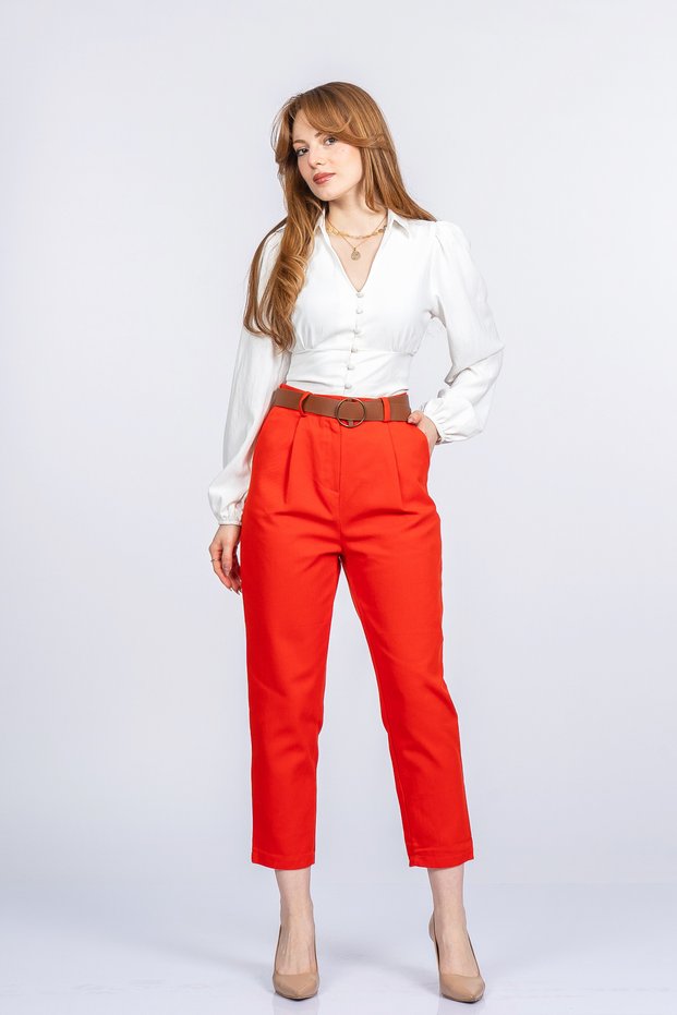Women's Summer Orange High Waist Belted Gabardine Denim Fabric Pencil Denim Pants Casual Daily Office Stylish 3880