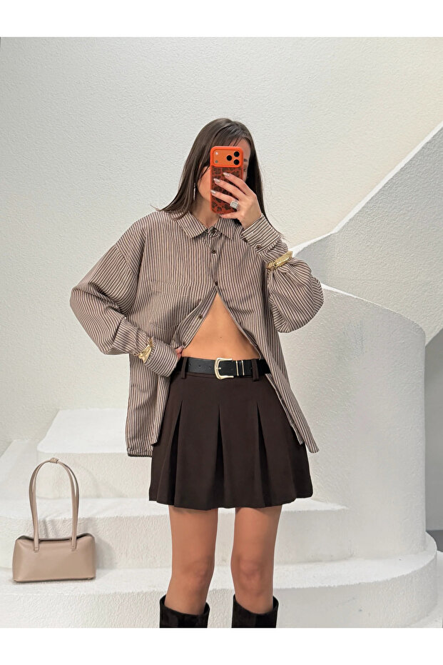 Pleated Skirt with Belt Detail - Brown