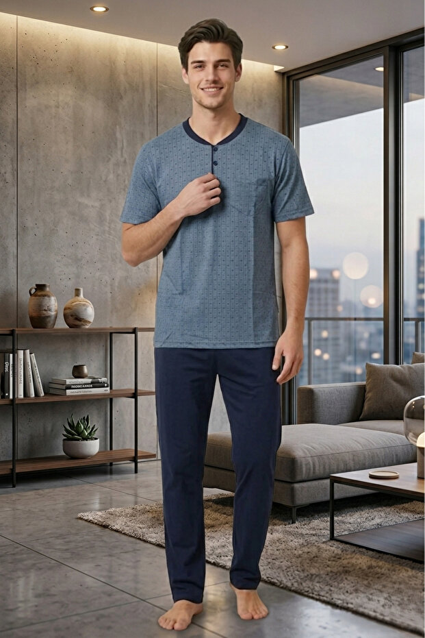 New Season Men's Indigo Crew Neck Jacquard Design Short Sleeve Oversize (Oversized) Pajama Set