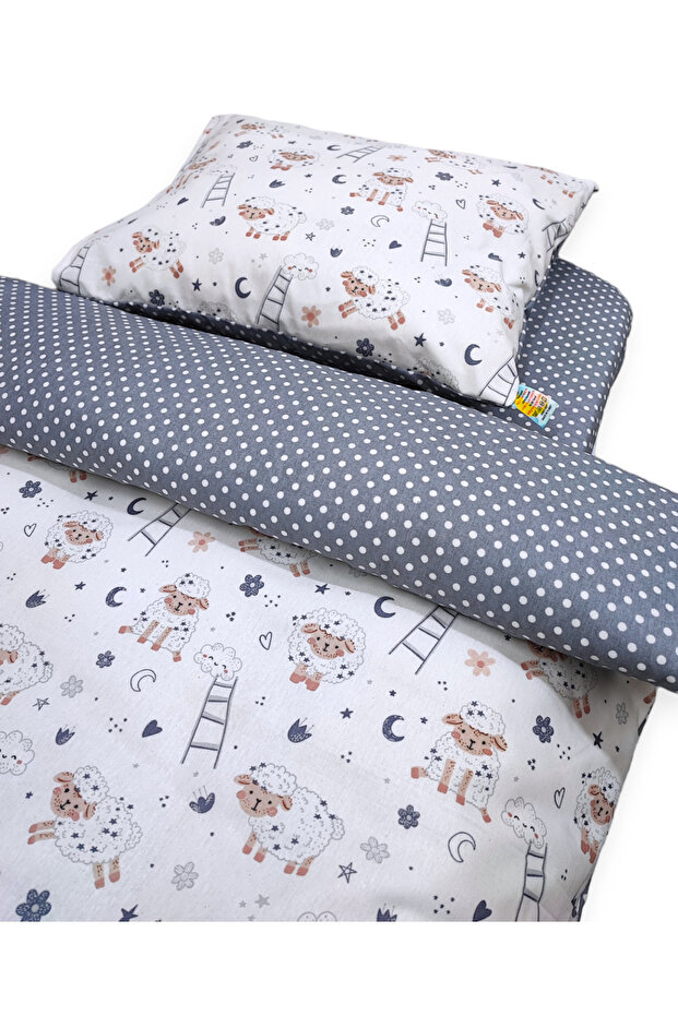 Cotton Kids 70x100 Crib Pillow Sheet Quilt Set Lambs Gray Polka Dot