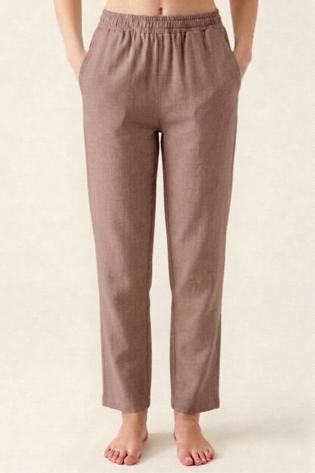 Brown 100% Cotton Muslin Fabric Women's Trousers with Elastic Waist - Women's Hajj Umrah Trousers