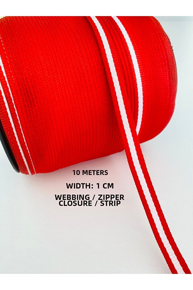10-meter-wide ribbon with a 1-cm-wide white center and red stripes, suitable for decoration and packaging