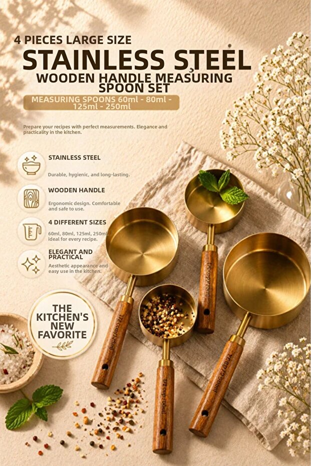 Stainless Steel Measuring Spoon Set with Wooden Handle, 4-Piece Measuring Cup