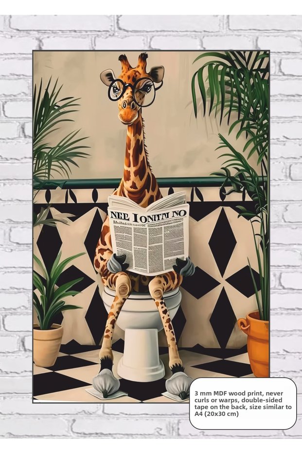 Giraffe Reading Newspaper in the Toilet, Bathroom Painting, Mdf Painting, Wooden Poster