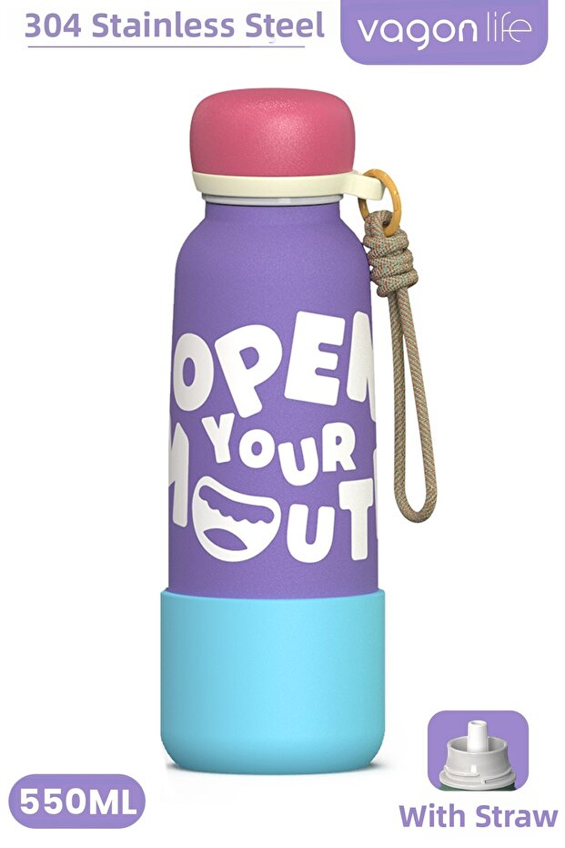 Patterned 550 ml Leak-Proof Stainless Steel Thermos Flask with Straw and Hand Strap, Bpa-Free 550ml 1103Ff