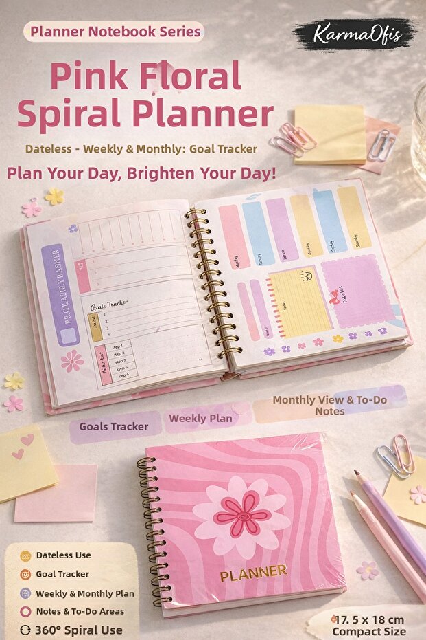 Pink Floral Spiral Planner Notebook – Undated Weekly and Monthly Planner, 17.5X18 cm