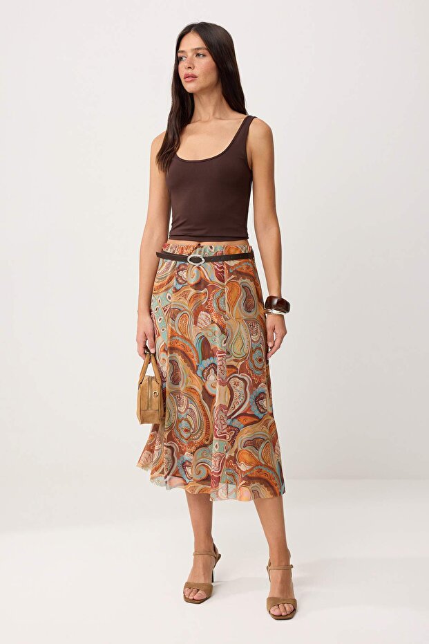 Yellow Shawl Patternboho/Boho Chic Skater Belted Regular Waist Midi Tulle Knitted Skirt Twoss26Et00165