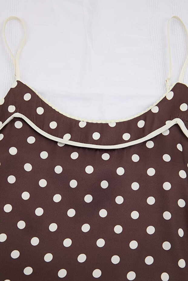 Kahverengi Puantiyeli Saten Dokuma Pijama Takımı THMSS26PT00189 - 4