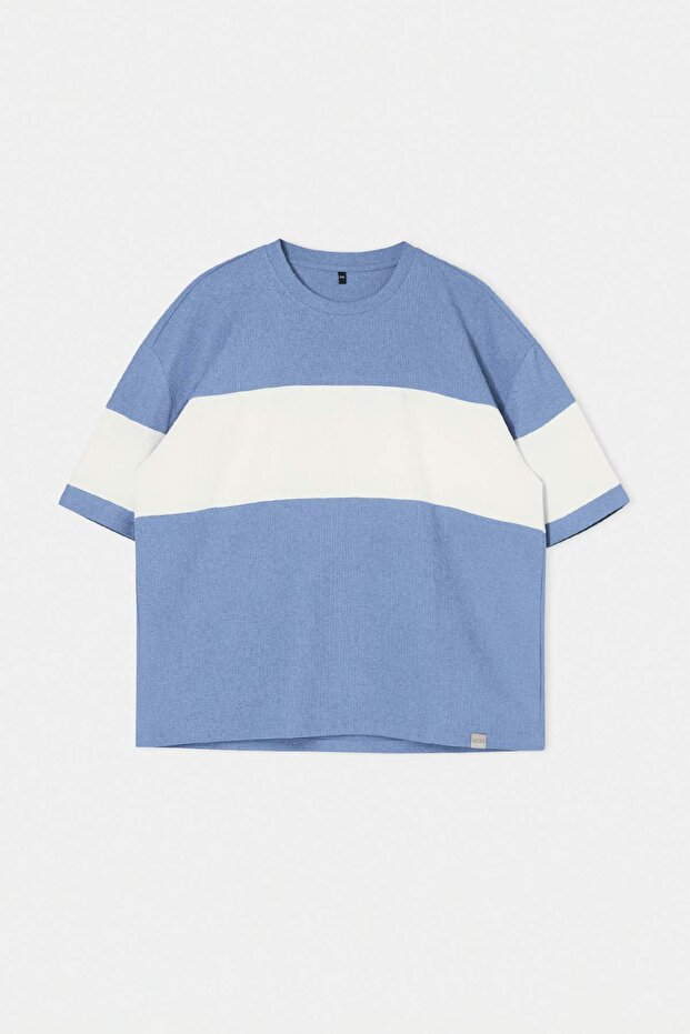 Indigo Büyük Beden Oversize/Geniş Kesim Renk Bloklu Dokulu T-Shirt TMNSS25BF00038 - 5