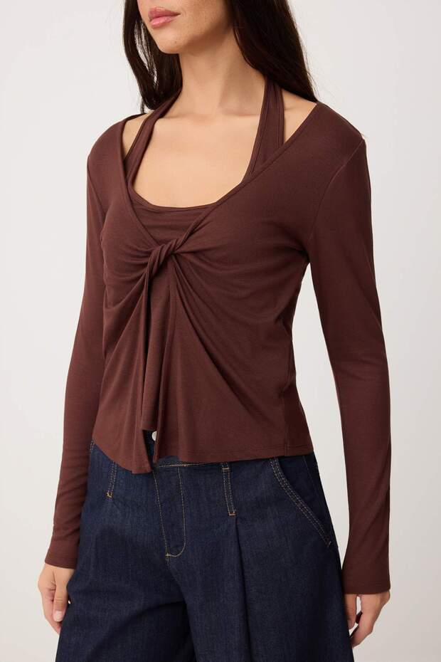 Kahverengi Düz Fitted V Yaka Standart Kol Uzun Premium Yumuşak Örme Bluz TWOSS26BZ00269 - 3