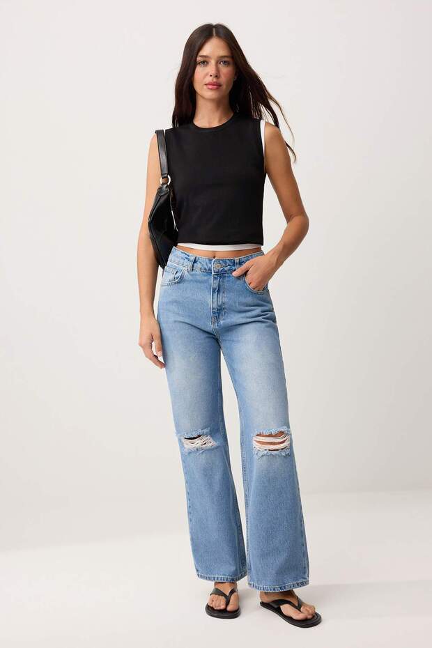 Mavi Yırtık Detaylı Yüksek Bel Straight Jeans TWOSS26JE00263
