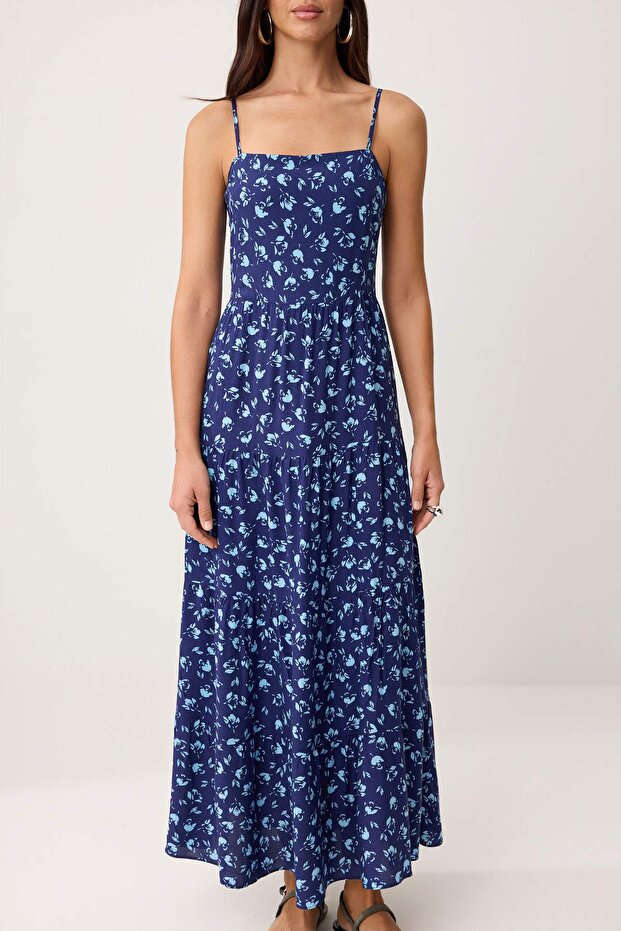 Indigo A Kesim Çiçek Desenli Boho Askılı Midi Dokuma Elbise TWOSS21EL1341 - 3