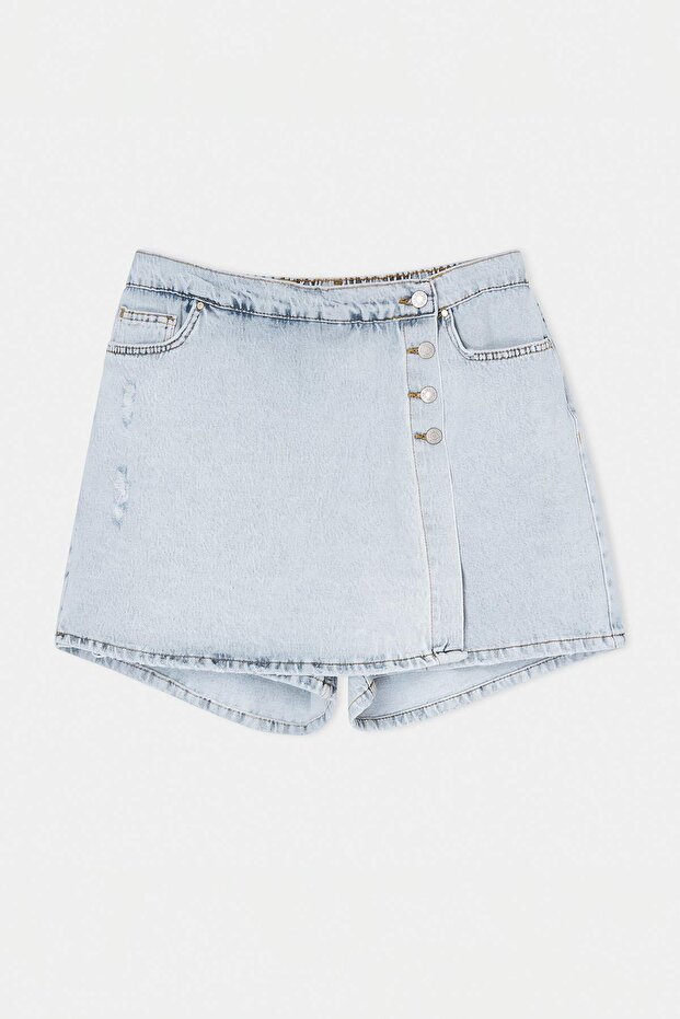 Mavi Düğme Detaylı Kruvaze Lastikli Yüksek Bel %100 Pamuk Non-Stretch Denim Şort Etek TBBSS26AP00021 - 4