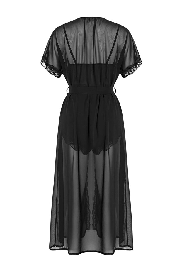 Siyah 3'lü Çeyiz Set Tül ve Dantel Detaylı Viskon Dokuma Pijama Takımı+Sabahlık THMSS26PT00182 - 5