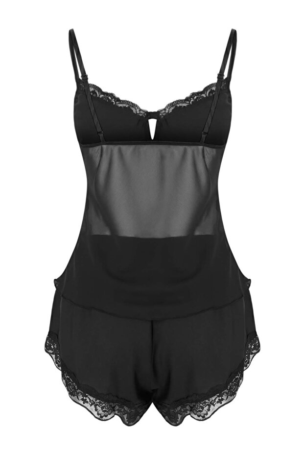 Siyah 3'lü Çeyiz Set Tül ve Dantel Detaylı Viskon Dokuma Pijama Takımı+Sabahlık THMSS26PT00182 - 7
