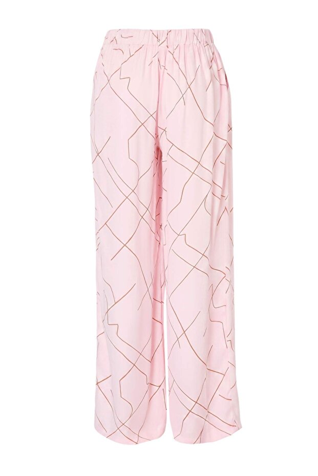 Trendyol Studio Pembe Desenli Arka Beli Lastikli Saten Pantolon TWOSS26PL0013 - 6