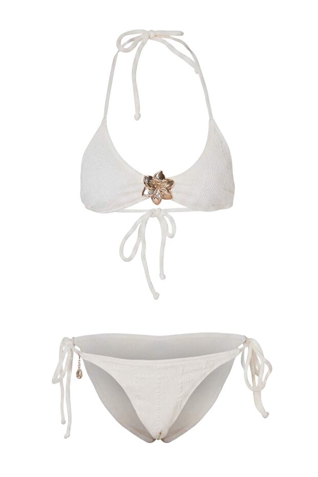 Ekru Simli Balconette Kaplı Aksesuarlı Yüksek Bel Regular Bikini Takımı TBESS26BT00074 - 5