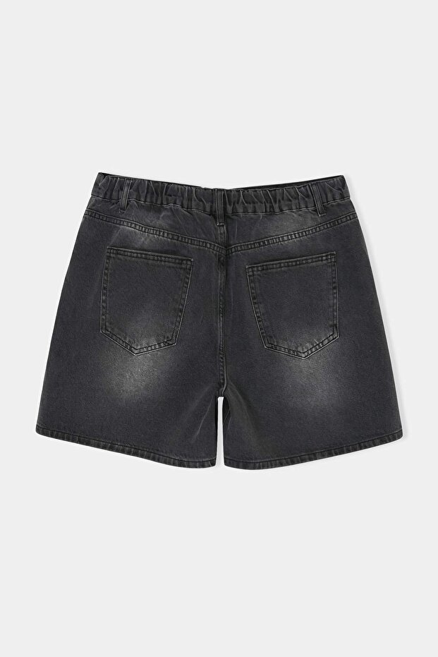 Siyah Yüksek Lastikli Bel City Boy %100 Pamuk Non-Stretch Büyük Beden Denim Şort TBBSS26AP00017 - 6