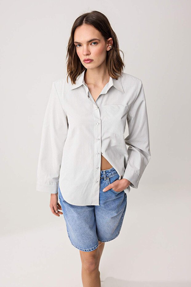 Yeşil-Çok Renkli Kareli Vatkalı Geniş Manşetli Oversize Gömlek TWOAW26GO00127 - 2
