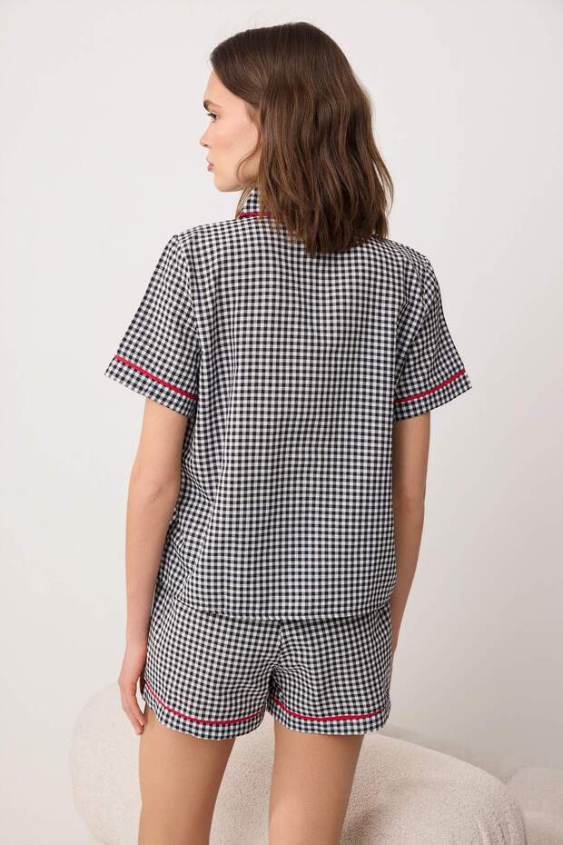 Siyah Pötikare/Ekoseli ve Sloganlı Biye Detaylı Dokuma Pijama Takımı THMSS26PT00185 - 4
