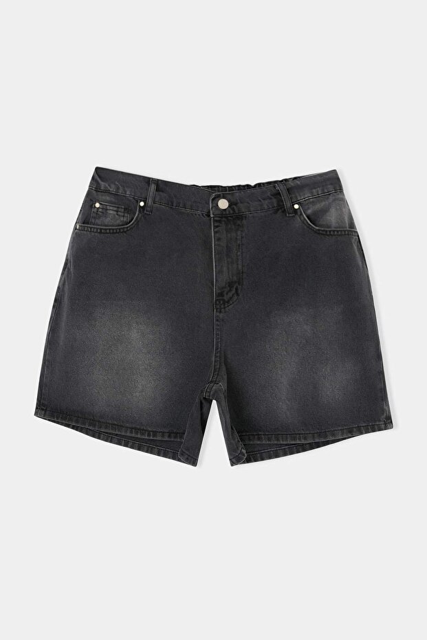 Siyah Yüksek Lastikli Bel City Boy %100 Pamuk Non-Stretch Büyük Beden Denim Şort TBBSS26AP00017 - 4