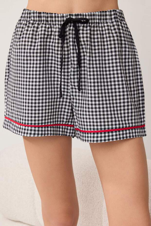 Siyah Pötikare/Ekoseli ve Sloganlı Biye Detaylı Dokuma Pijama Takımı THMSS26PT00185 - 3