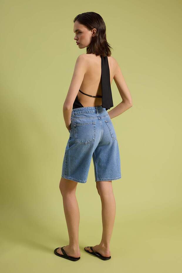 Mavi %100 Pamuk Yüksek Bel Denim Bermuda TWOSS26SR00106 - 4