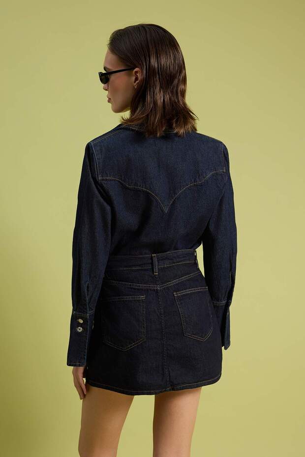 Koyu Mavi %100 Pamuk Yüksek Bel Denim Şort Etek TWOSS26SR00110 - 5