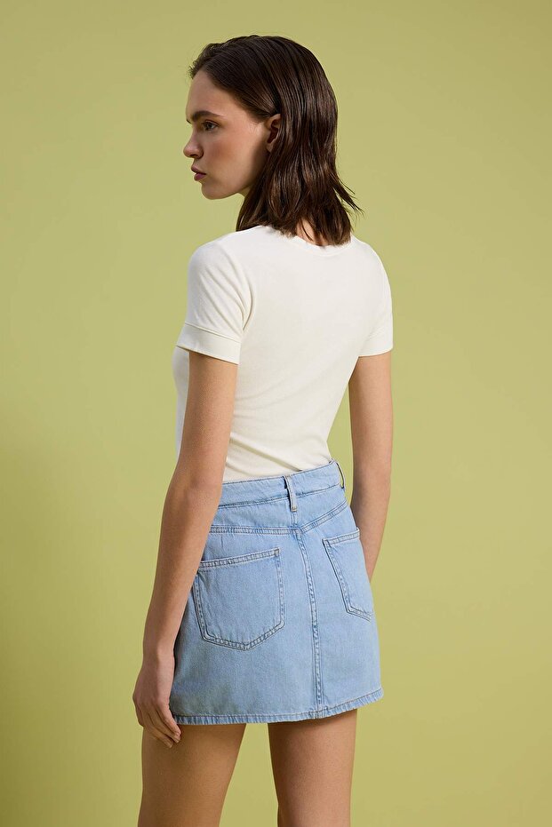 Açık Mavi %100 Pamuk Yüksek Bel Denim Şort Etek TWOSS26SR00110 - 5