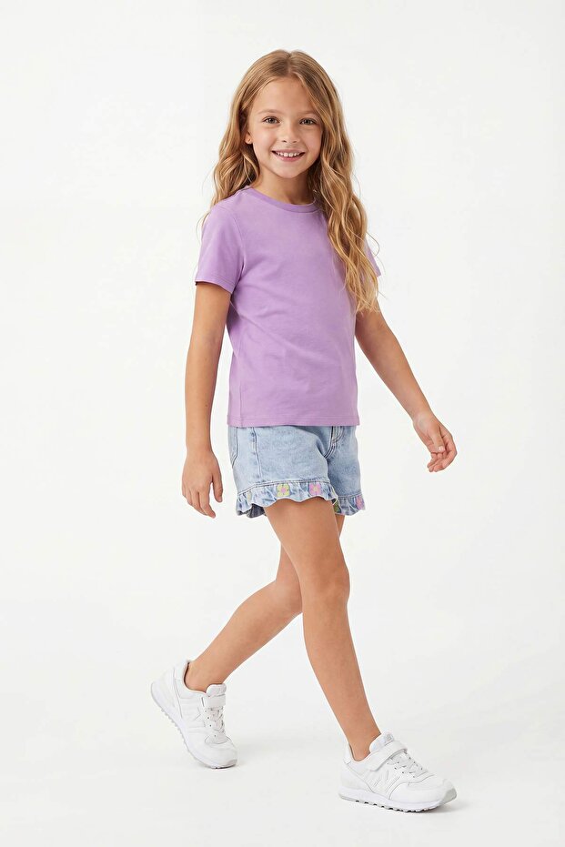 Lila-Pembe Baskılı Örme T-Shirt TKDSS26TS00027 - 3