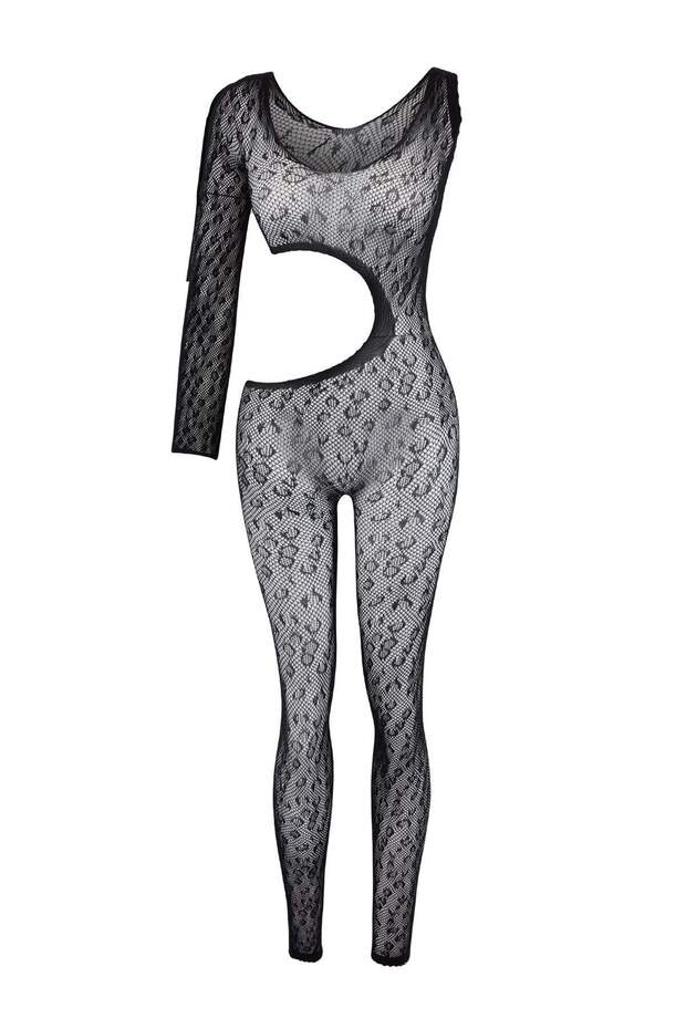 Black Lace Cut Out Detailed Single Sleeve Capless Body Stocking/Fantasy Body Thmss26Bd00022