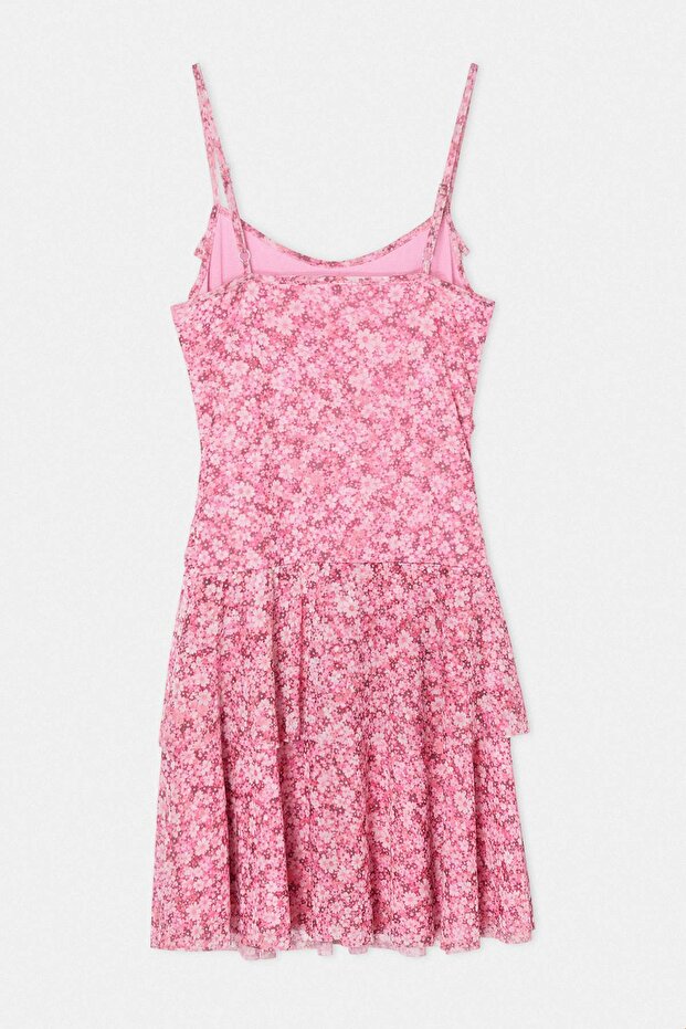 Pembe Çiçekli Bodycon Havuz Yaka İnce Askılı Kolsuz Mini Tül Astarlı Örme Elbise TWOSS26EL00727 - 4