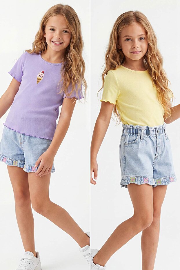 Lila-Sarı Nakışlı / İşlemeli Kız Çocuk Örme T-Shirt TKDSS25TS00027 - 1