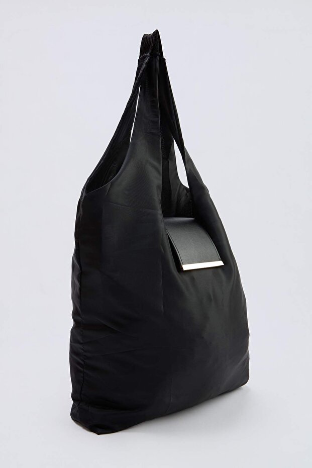 Siyah 50x60 cm Katlanabilir Paraşüt Kumaş Maxi Tote Charm Omuz Çantası TAKSS26OC00068