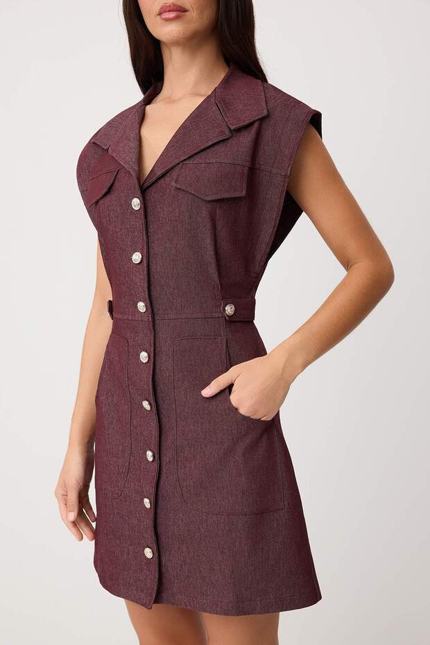 Koyu Bordo Düz Cep Detaylı Kısa / Mini Dokuma Elbise TWOSS22EL2970 - 3