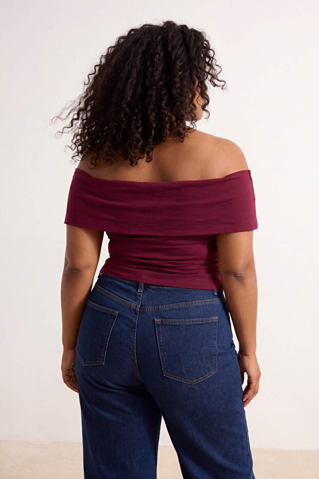 Bordo Carmen Yaka Yumuşak Tuşeli Viskon Ribana Örme Büyük Beden Bluz TBBSS26AF00107 - 3