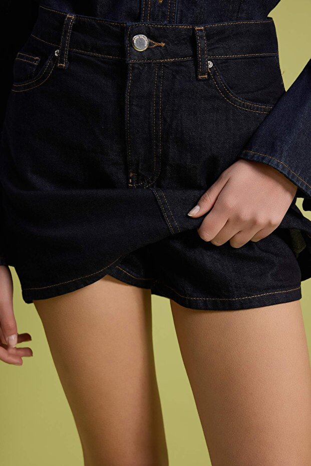 Koyu Mavi %100 Pamuk Yüksek Bel Denim Şort Etek TWOSS26SR00110 - 4