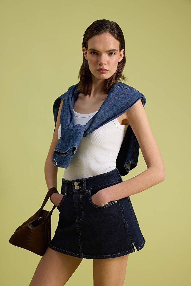 Koyu Mavi Mini Denim Şort Etek TWOSS26SR00208 - 2