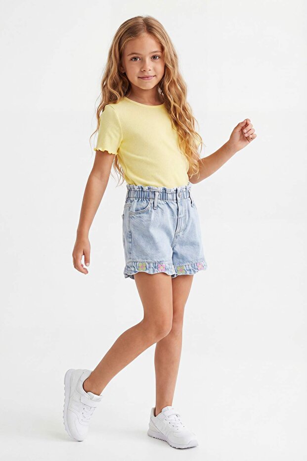 Lila-Sarı Nakışlı / İşlemeli Kız Çocuk Örme T-Shirt TKDSS25TS00027 - 5