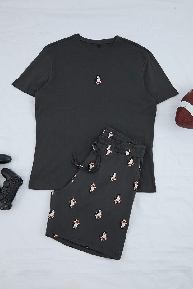 Antrasit Regular Penguen Nakışlı Yazlık Örme Pijama Takımı TMNSS26PT00008 - 4