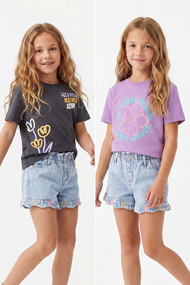 Lila-Antrasit 2'li Kız Çocuk Örme T-Shirt TKDSS26TS00030 - 1