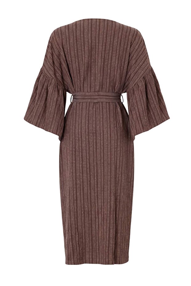 Kahverengi Dokuma Maxi Plaj Kuşaklı Kimono&Kaftan TBESS23KM00028 - 6